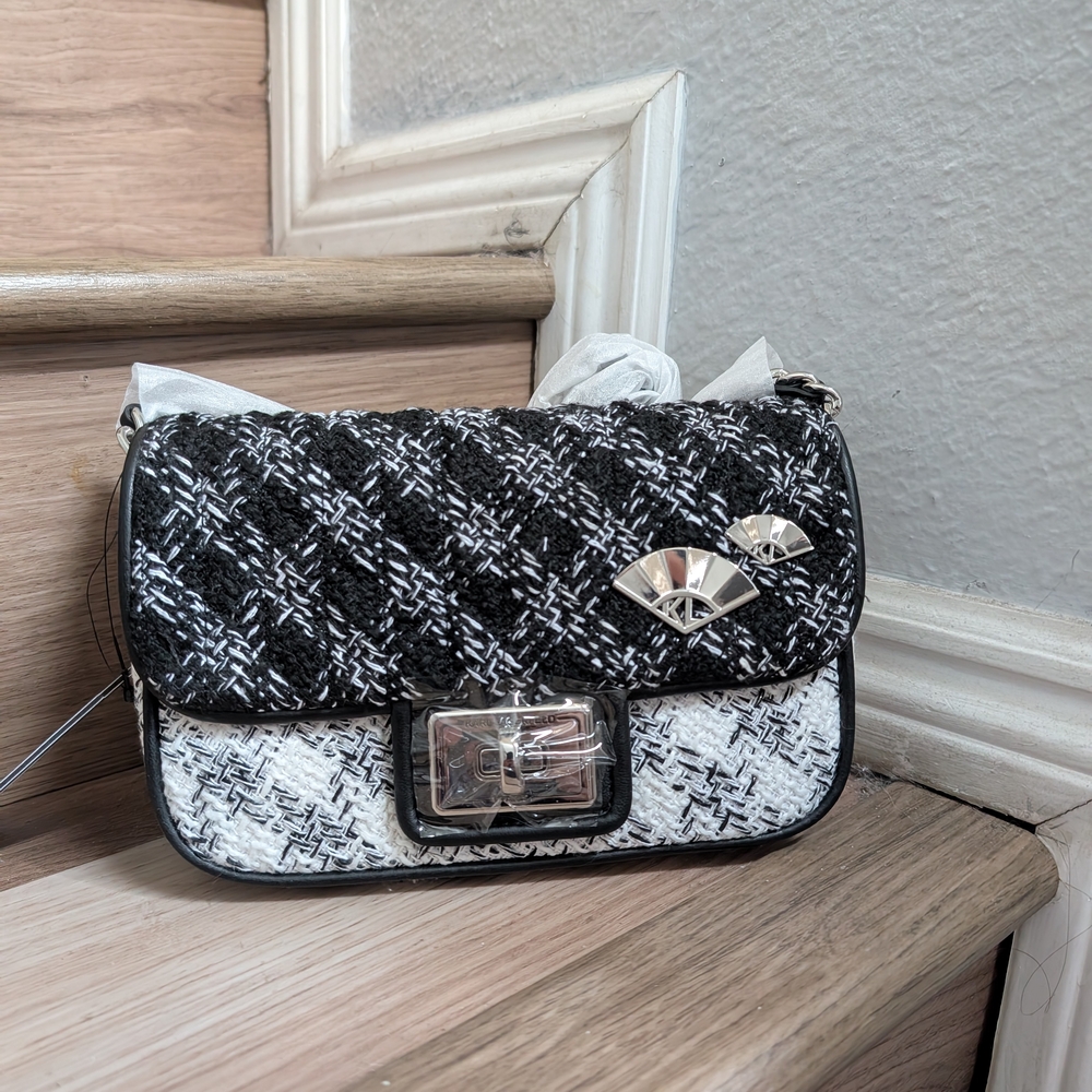 NWT Karl Lagerfeld Agyness Medium Convertible Shoulder Bag Black Multi W Fan Pin